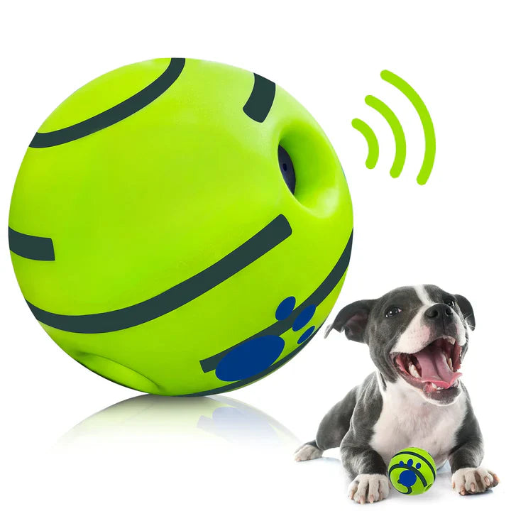 Dog playing with a Wobble Giggle Ball, an interactive pet toy for enrichment. Durable and fun.