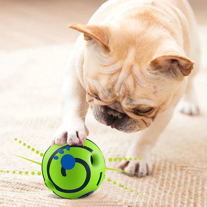 Close-up of a Wobble Giggle Dog Toy Ball, showing its unique design. Great for pet play.