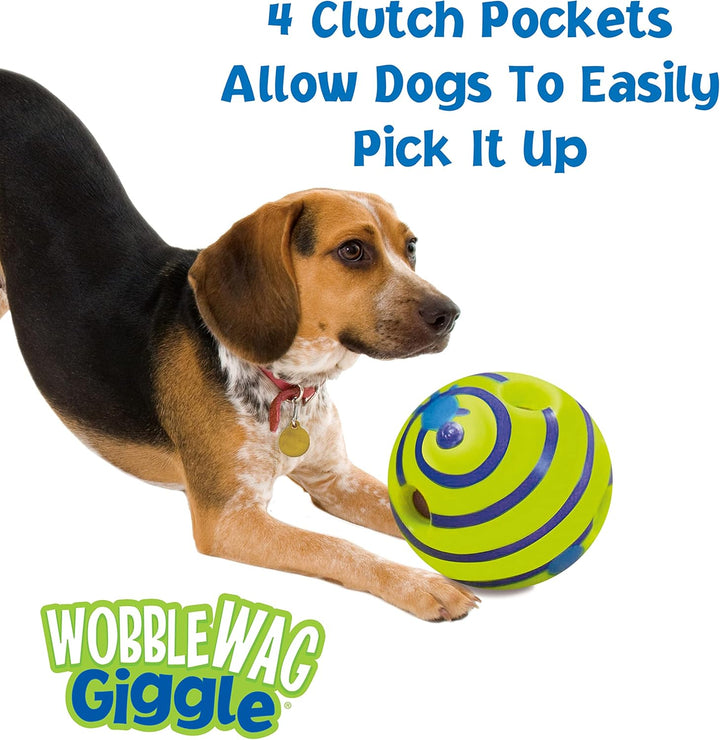 Wobble Giggle Ball on a green lawn, waiting for a dog to discover this fun pet enrichment toy.