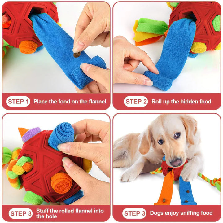 Golden retriever engaging with an interactive dog treat game, puzzle feeder snuffle ball