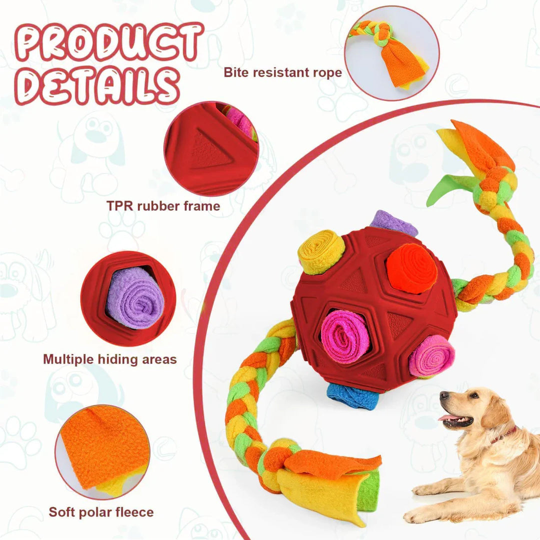 Set of interactive dog toys: a snuffle ball and a treat-dispensing puzzle