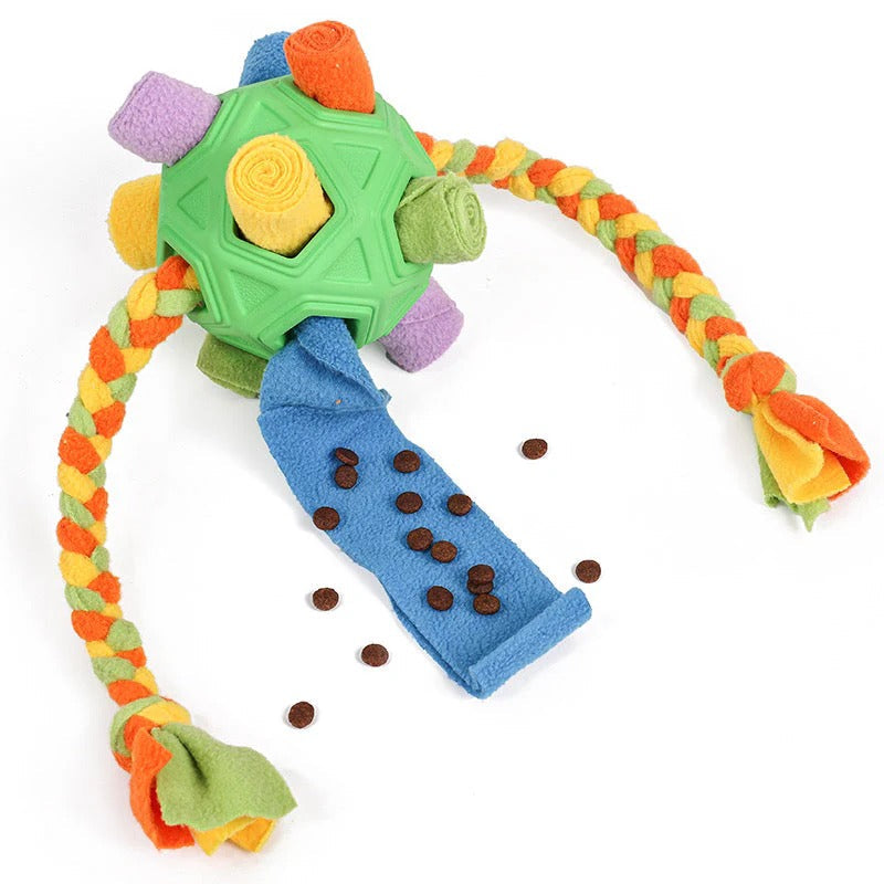 Dog snuffle ball toy with hidden treats, designed for mental stimulation and puzzle solving