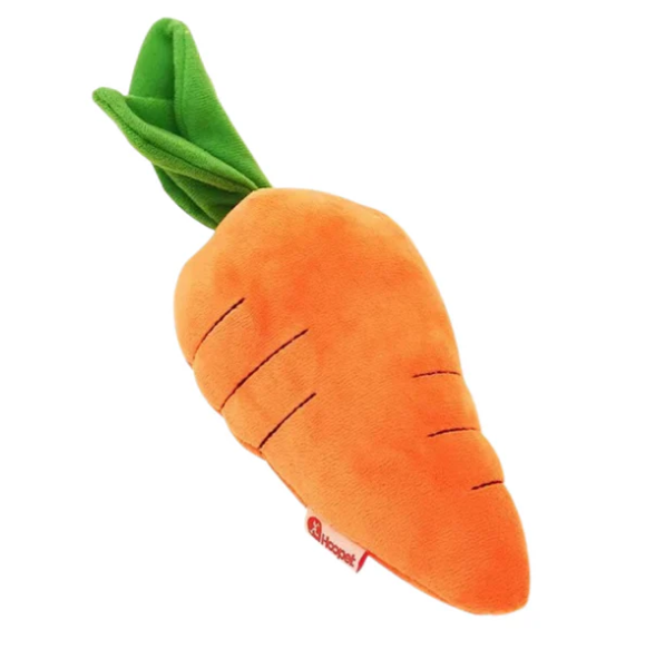 Cute dog squeaky toy, soft plush carrot design, durable for active dog play.