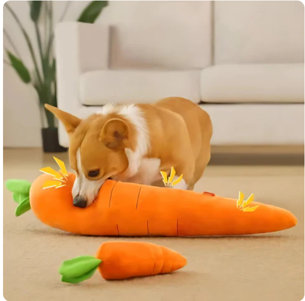 Dog chew toy, 'Carrot' themed plush, offers interactive and lasting pet entertainment.