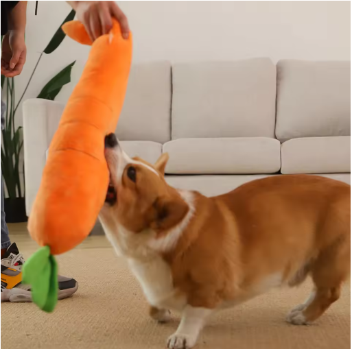 Vibrant orange plush carrot dog toy, durable for chewing and interactive fun.