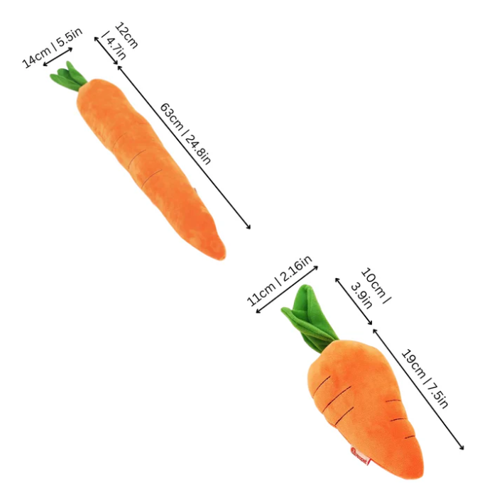 Squeaky dog toy, plush carrot shape, provides engaging and durable play for pets.