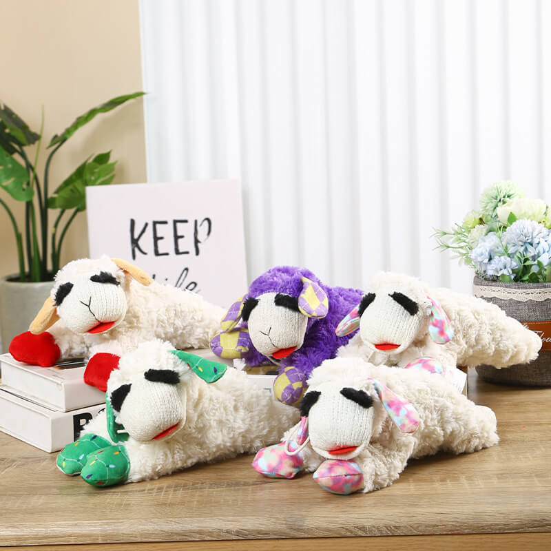 Close-up of a dog plush lamb toy with a squeaker, an engaging interactive pet toy