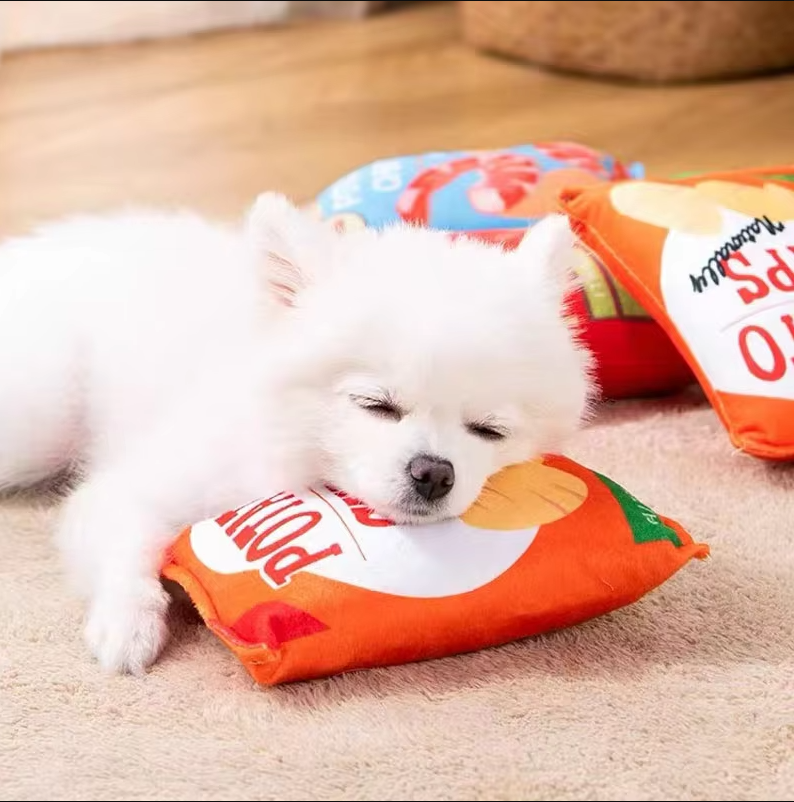 Dog plush squeaky crisps bag toy, soft interactive pet play for small dogs
