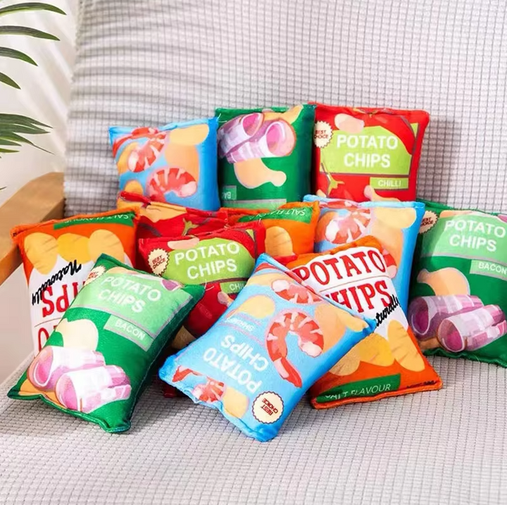 Interactive crisps bag dog toy with crinkly sound & squeaker for pet enrichment