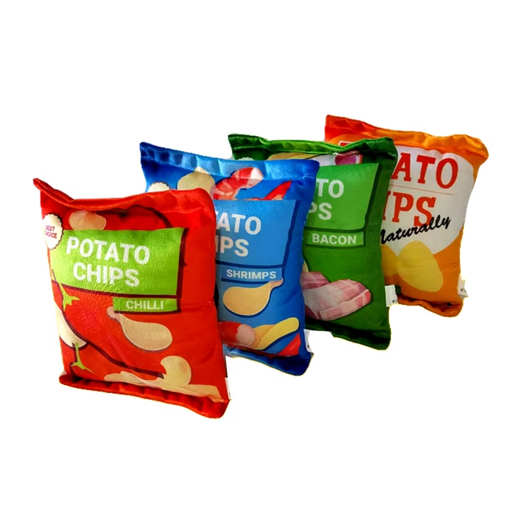 Plush dog toy shaped like a crisps bag, ideal for puppies and small dogs