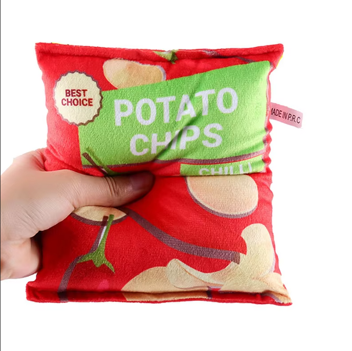 Dog enrichment plush toy, 'crisps bag' design with a hidden squeaker inside
