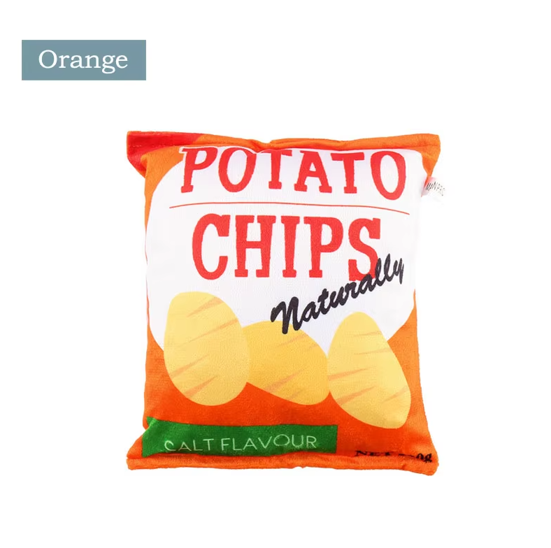 High-quality plush crisps bag dog toy, safe & engaging for all dog breeds