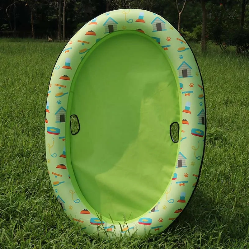 Happy dog enjoying a bath in a large portable inflatable pet bathtub, clean grooming