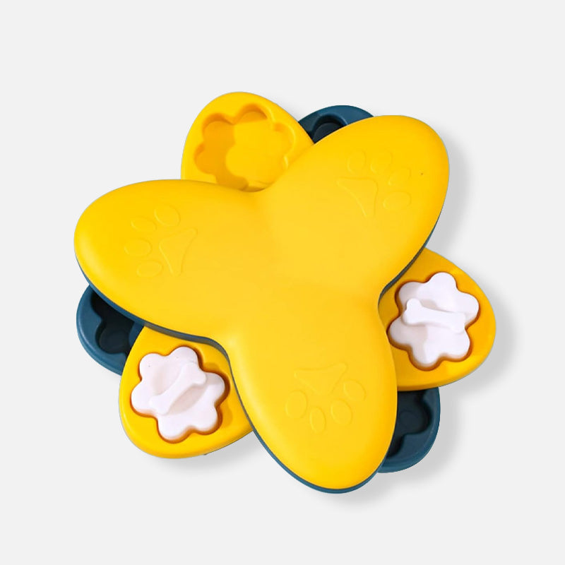 Interactive dog slow feeder bowl, white bone-shaped maze, promotes mental activity & healthy digestion.