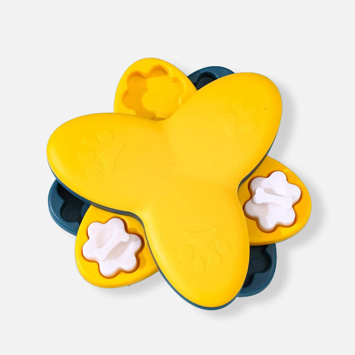 Interactive dog slow feeder bowl, white bone-shaped maze, promotes mental activity & healthy digestion.