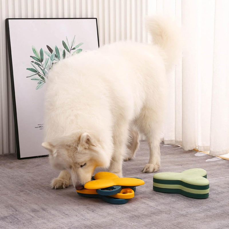 Dog mental stimulation puzzle toy & slow feeder, green, for reduced gulping and prolonged play.