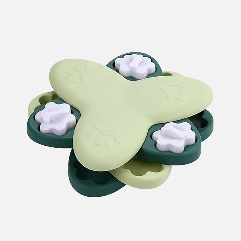 Yellow dog slow feeder bowl, puzzle design, encourages mental stimulation and healthy eating habits.