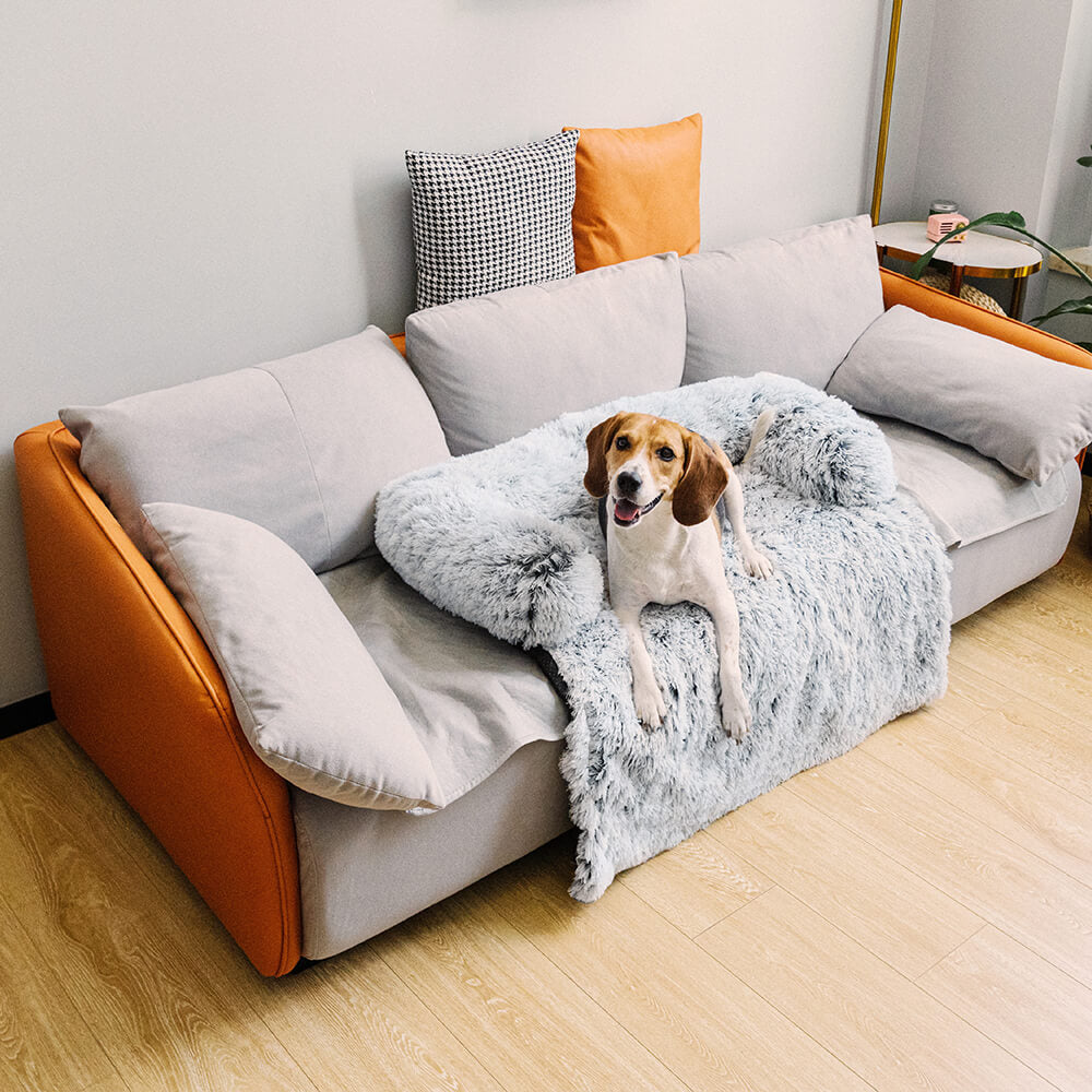Faux fur pet couch cover, a washable furniture protector for dogs, adding comfort to sofa