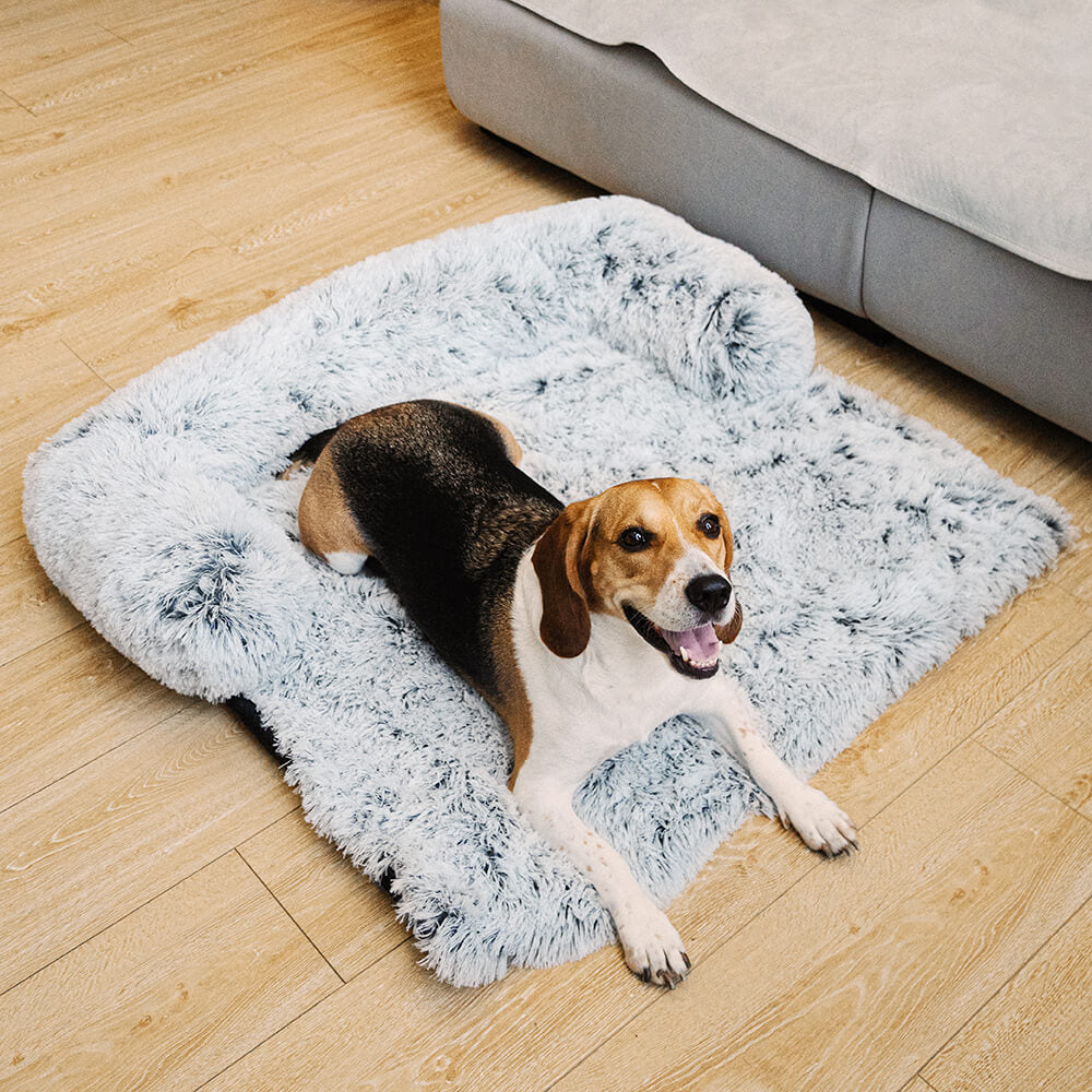 Close-up of the soft, washable faux fur fabric of a pet furniture protector and dog bed