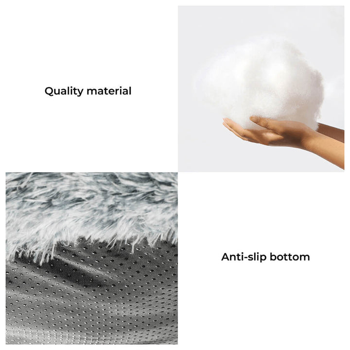 Overhead view of a gray faux fur pet furniture protector, also a calming dog bed, on a sofa