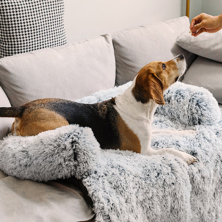 Fuzzy backrest pet furniture protector and washable dog bed, showing its non-slip bottom
