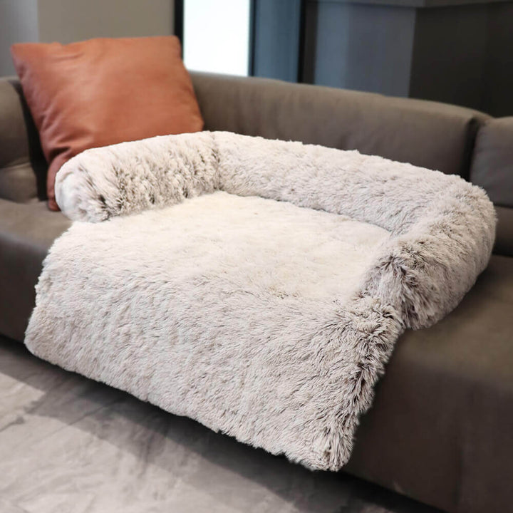 Luxurious faux fur calming pet furniture protector with a supportive backrest for dogs