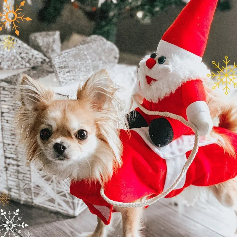 Dog Santa Rider Christmas costume with plush rider on a dog's back, festive pet apparel.