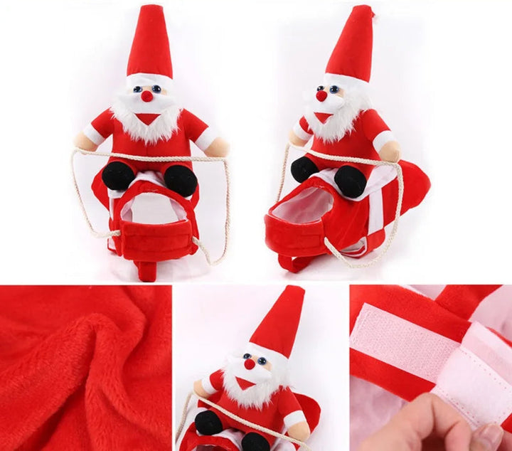 Festive cotton Dog Santa Rider Christmas costume for pets, perfect holiday animal outfit.