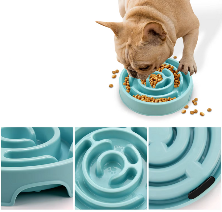 Dog slow feeder bowl with puzzle-like design to prevent fast eating and improve pet health.