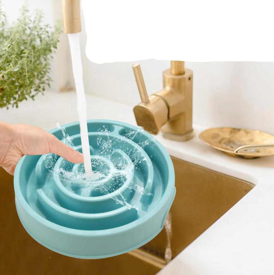 Close-up of a dog slow feeder bowl showing intricate design for controlled, healthy eating.