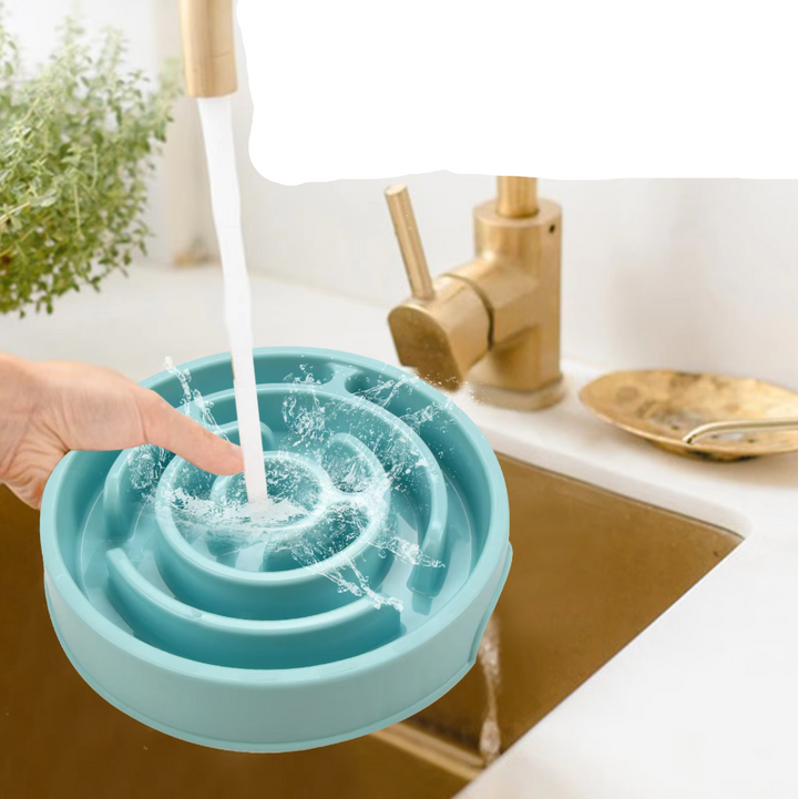 Close-up of a dog slow feeder bowl showing intricate design for controlled, healthy eating.