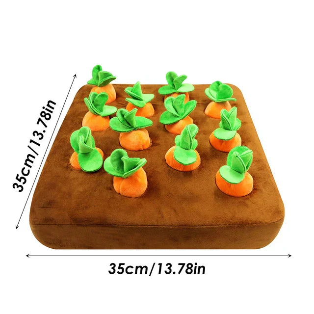 Close-up of a durable carrot-themed snuffle mat dog toy, perfect for interactive mental stimulation and foraging.