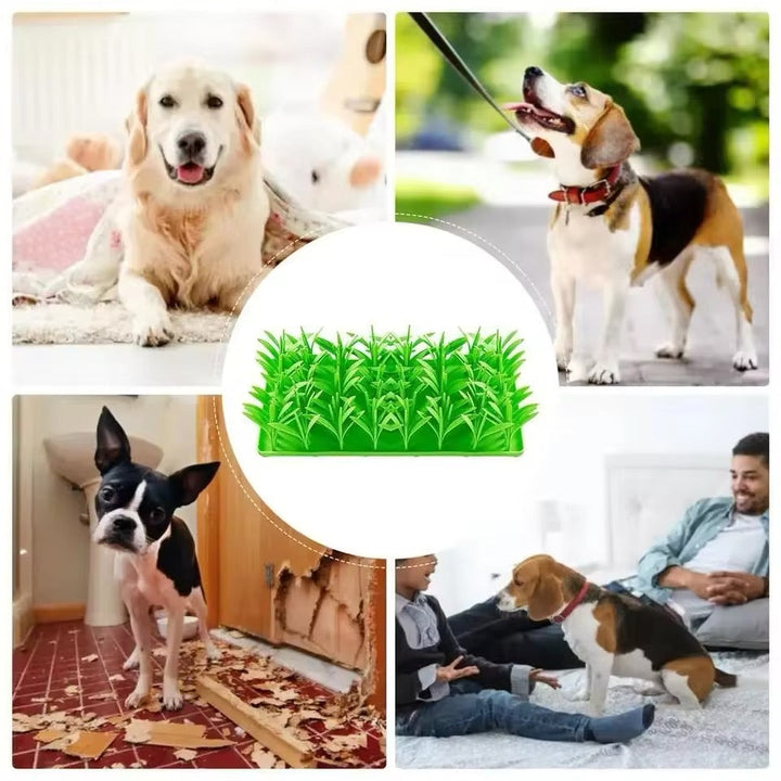 Happy dog playing with a durable interactive snuffle mat food dispenser