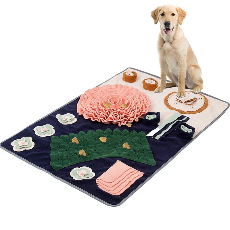 Dog sniffing an interactive snuffle mat, a mental stimulation foraging toy for pets