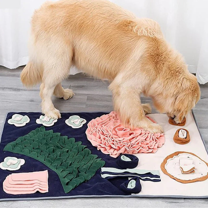 Happy dog playing with a snuffle mat, an engaging pet accessory for foraging enrichment