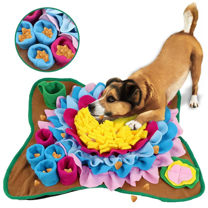 Interactive snuffle mat for dogs with hidden pockets, promoting mental stimulation
