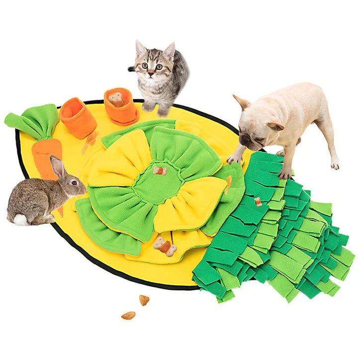 Snuffle mat in use, demonstrating a dog engaged in a puzzle foraging toy activity