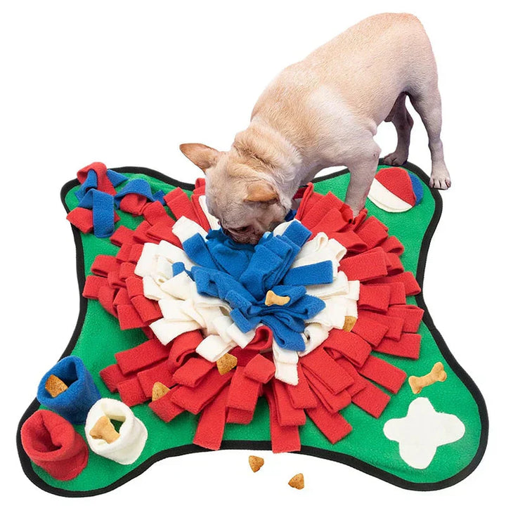 Various textures on a durable dog snuffle mat, ideal for pet mental stimulation