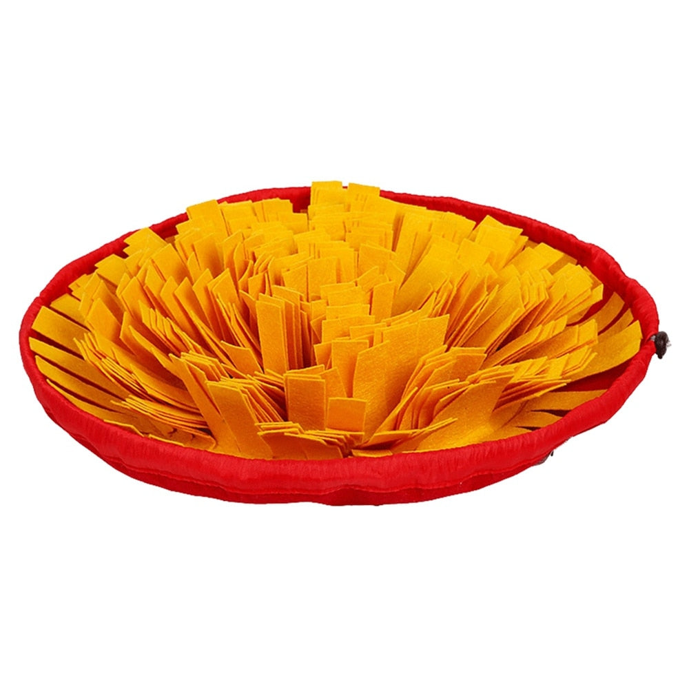 Close-up of a dog snuffle mat, showing hidden pockets for mental stimulation & slow feeding.