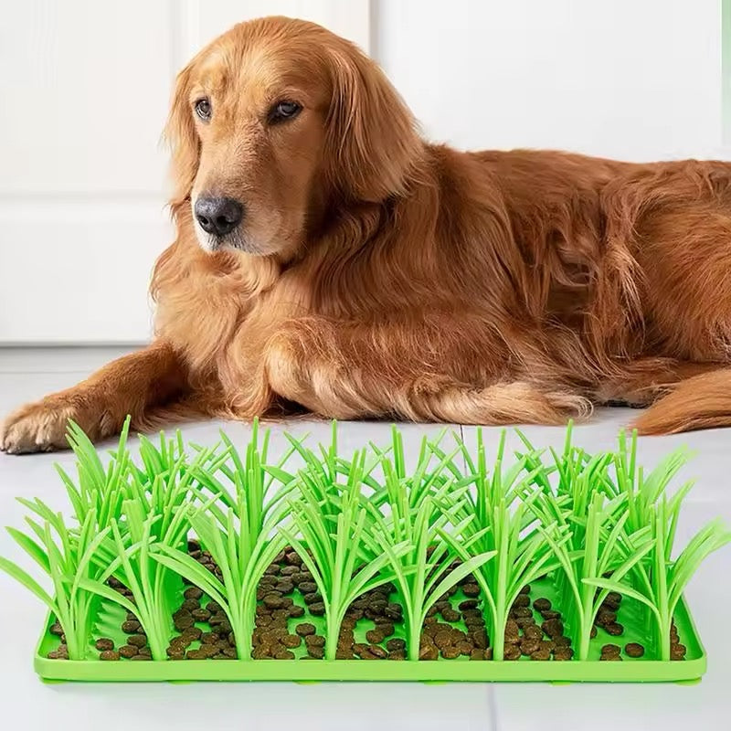 Dog sniffing an interactive snuffle mat, stimulating mental foraging skills with durable pet toy.