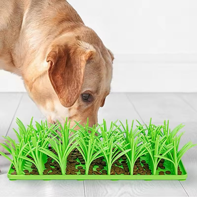 Happy dog playing with a snuffle mat, an engaging pet toy for foraging and canine enrichment.