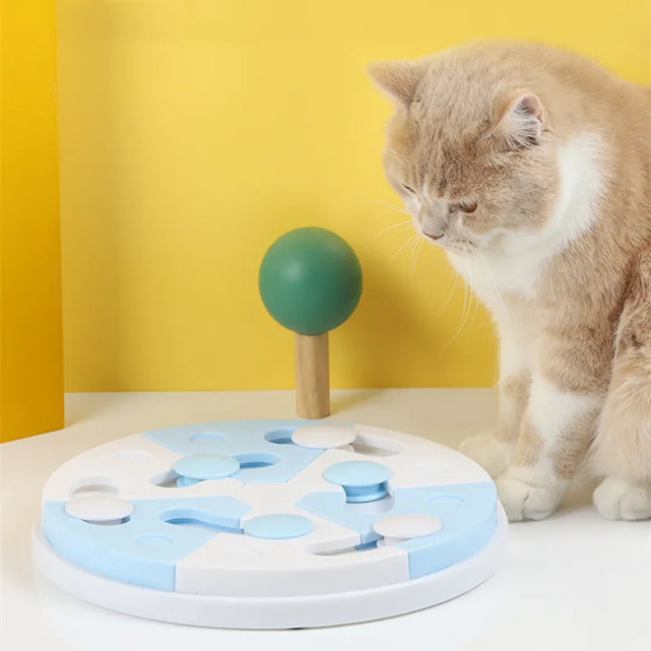 Dog sniffing interactive pet puzzle feeder, a mental stimulation toy for slow feeding.