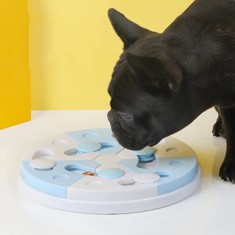 Unisex interactive pet puzzle feeder with treat compartments, promoting slow eating for dogs and cats.