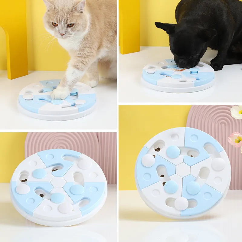 Overhead view of an orange pet puzzle feeder, a stimulating enrichment toy for pets.