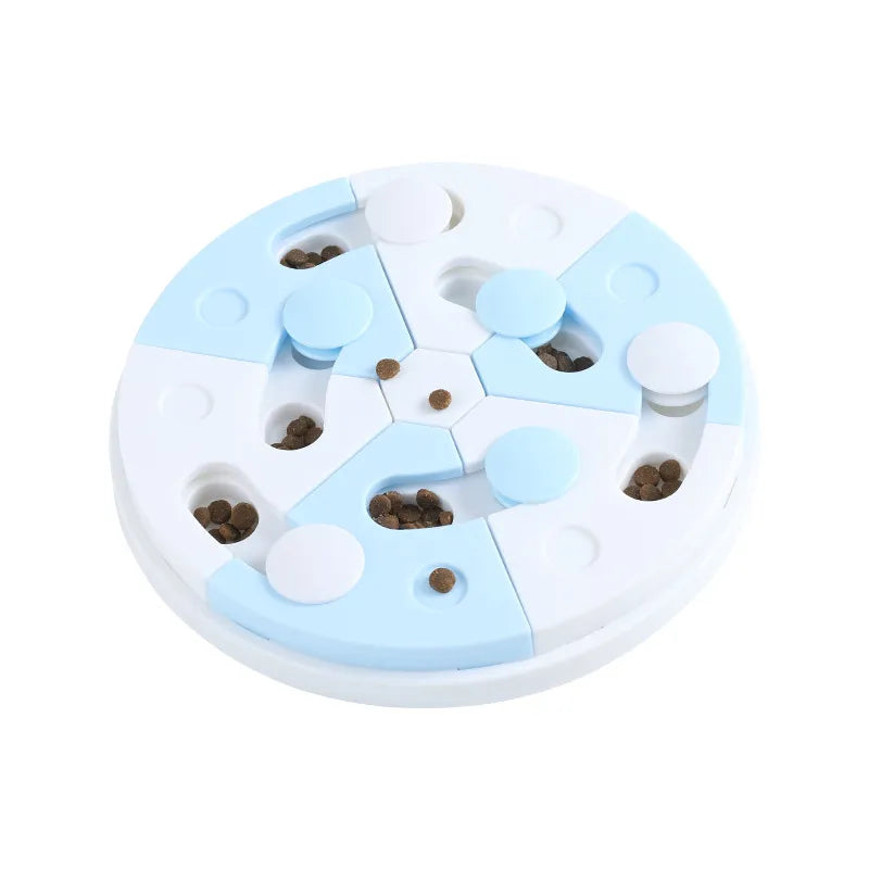 Close-up of a pet (dog or cat) engaging with an interactive feeder for mental stimulation.