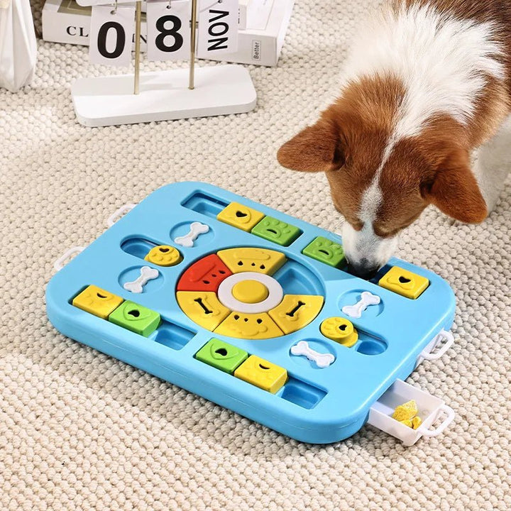 Yellow durable dog puzzle toy with hidden compartments for treats, promoting mental stimulation