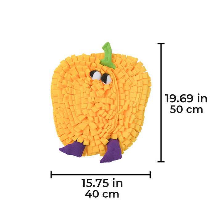 Close-up of fabric vegetables on a snuffle mat, engaging dogtoy design