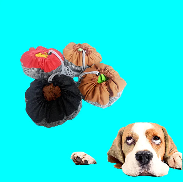 Washable dog enrichment mat, blue with various fabric strips, designed as a slow feeder toy