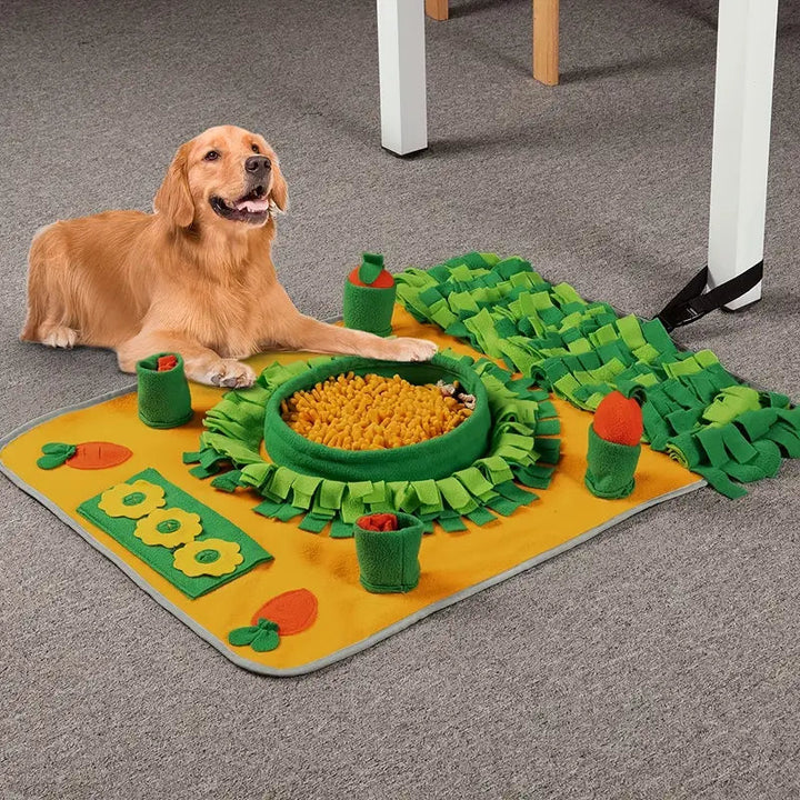 Dog snuffle mat and slow feeder puzzle toy for mental stimulation, made of colorful fleece