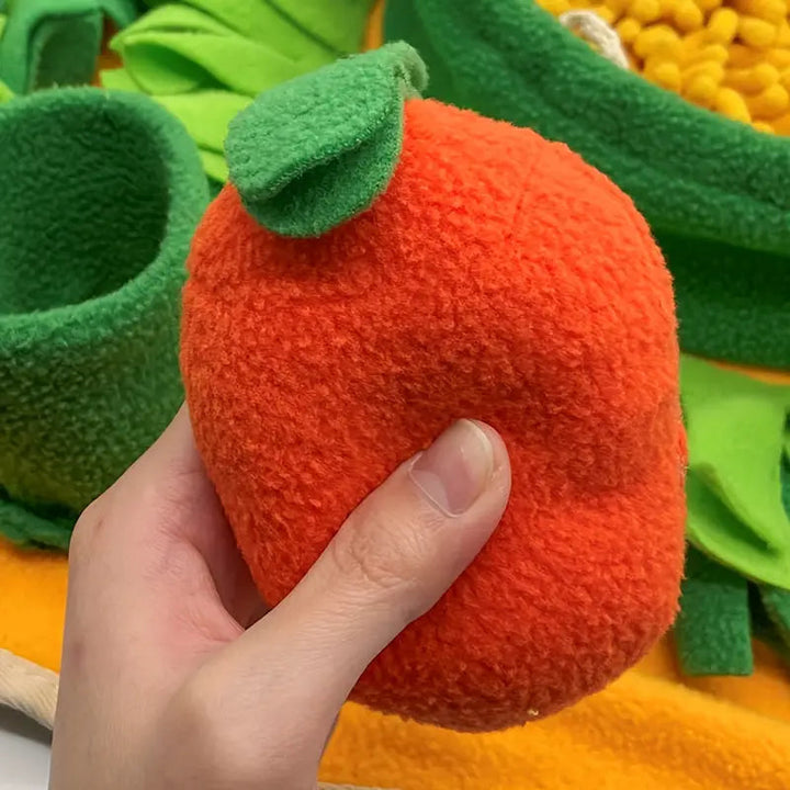 Overhead view of a snuffle mat, a washable fabric dog toy promoting mental stimulation